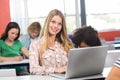 Female student using laptop in classroom Royalty Free Stock Photo