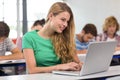 Female student using laptop in classroom Royalty Free Stock Photo