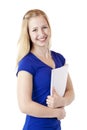 Female student with writting pad smiles happy Royalty Free Stock Photo