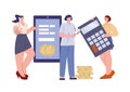 Female study financial literacy vector concept. Women with money, smartphone and calculator. Business investment, online