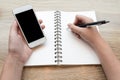 Female studying and learning with a mobile in a coffee shop