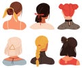Female stylish hairstyles and accessories. Young women haircuts back view heads, creative modern accessories. Blonde