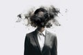 A female in a suit with a head in smoke exploding. Visualisation of the world of Artificial intelligence.Ai.