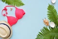 Female summer bikini swimsuit and accessories collage on blue with palm branches, hat and sunglasses. Royalty Free Stock Photo