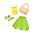 Female summer clothes set. Tank top, skirt, sandals and handbag cartoon vector illustration Royalty Free Stock Photo