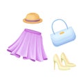 Female summer clothes set. Tank top, skirt, sandals and handbag cartoon vector illustration Royalty Free Stock Photo