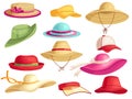 Female summer hats. Beach sun cap, vacation panama and stylish lady hat cartoon vector set Royalty Free Stock Photo