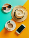 Female summer vacation set on yellow and green background. Hat, phone, cup of coffee and sun glasses on the saucer Royalty Free Stock Photo