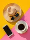 Female summer vacation set on yellow and pink background. Hat, phone and cup of black coffee. Flatlay Royalty Free Stock Photo