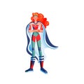 Female superhero in costume with arms crossed. Superwoman with cape vector illustration. Cartoon comic woman with powers