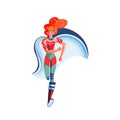 Female superhero in costume running. Superwoman with cape vector illustration. Cartoon comic woman with powers posing
