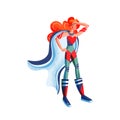 Female superhero in costume thinking. Superwoman with cape vector illustration. Cartoon comic woman with powers posing