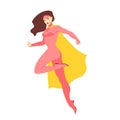 Female superhero or superheroine. Brunette woman with muscular body wearing tight-fitting costume or bodysuit and cape