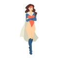 Female superhero or superheroine standing with crossed arms. Beautiful brunette woman wearing bodysuit and cape. Strong