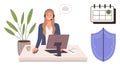 Customer Support Representative Using Headset at Desk with Calendar and Shield Symbol for Reliability Royalty Free Stock Photo