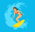 Female surfer, girl riding a wave cartoon vector