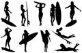 Female surfer and surfboard isolated silhouette poses