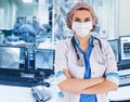 Female surgeon doctor at operation. Visualization on the monitor in the operating x-ray lab on background