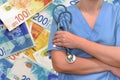 Woman surgeon or doctor with stethoscope on the background of the stack of Israeli money notes. Health care, surgery and medical Royalty Free Stock Photo