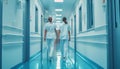Female Surgeon and Doctor Walk Through White Hospital Hallway