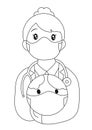 Female Surgeon doctor wearing mask gloves with stethoscope holding planet earth cartoon image colouring page Coloring book Royalty Free Stock Photo