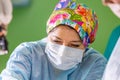 Female surgeon doctor wearing protective mask and hat during the operation. Healthcare, medical education, emergency Royalty Free Stock Photo