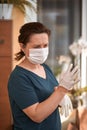 Female surgeon or nurse wearing a sterile suit putting on sterile rubber gloves to perform a surgery, Royalty Free Stock Photo