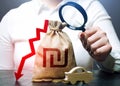 Female surveyor examines a israeli shekel money bag with a red down arrow and auto. ICE. Fuel excise taxes.