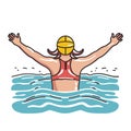 Female swimmer practicing backstroke pool, swimming sport illustration. Swimmer swimsuit cap