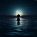 female swimming in a sea at night, gazing up at the round, luminous full moon mirrored in the water