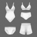 Female swimsuit and male shorts and swimming trunks white set at transparent background realistic vector illustration Royalty Free Stock Photo