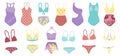 Female swimwear clipart, isolated bikini models. Fashion swimming clothes, bra and trousers. Swimsuit, beach party