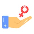 Female symbol on hand, icon of women care in editable style