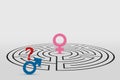 Female symbol in a labyrinth and male symbol with question mark - Concept of male and female psychology