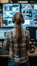 Female System Administrator Working With Computers, Managing Network Operations in a Data Center. Royalty Free Stock Photo