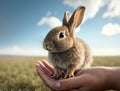 A female taking a baby brown rabbit with her hand, blurred green grass and blue sky background, generative AI