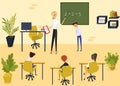 Female teacher character, student get knowledge, child dont know mathematics, math, classroom, book, flat vector Royalty Free Stock Photo