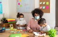 Female teacher with children drawing in preschool classroom while wearing face protective mask during corona virus pandemic Royalty Free Stock Photo