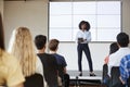 Female Teacher With Digital Tablet Giving Presentation To High School Class In Front Of Screen Royalty Free Stock Photo