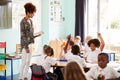 Female Teacher With Digital Tablet Teaches Group Of Uniformed Elementary Pupils In School Classroom