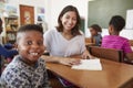 Female teacher and elementary school boy smiling to camera Royalty Free Stock Photo