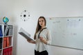 female teacher explain english grammar pointing at whiteboard at classroom