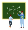 Female teacher explains chemistry male student front blackboard formula. Education science class