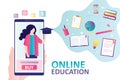 Female teacher with graduation hat on mobile phone screen. Concept of online education, buying courses and e-learning Royalty Free Stock Photo