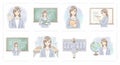 Female teacher illustrations in various classroom settings Royalty Free Stock Photo