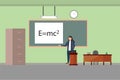 A female teacher inside the classroom teaching physics. Teacher flat character design with classroom interior vector. Education