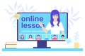 A female teacher leads an online course on a computer. Distance lessons for school pupils or university students. Video course,