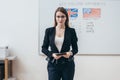 Female teacher looking at camera. English language school. Royalty Free Stock Photo