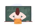 Female teacher makes mathematical calculations on a chalk board, formulas, integrals, equation and graph, math education