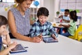 Female Teacher With Multi-Cultural Elementary School Pupils Using Digital Tablets At School Royalty Free Stock Photo